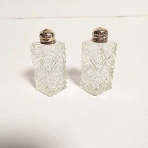 Elegance miniature silverplate and crystal salt and pepper set. Small.